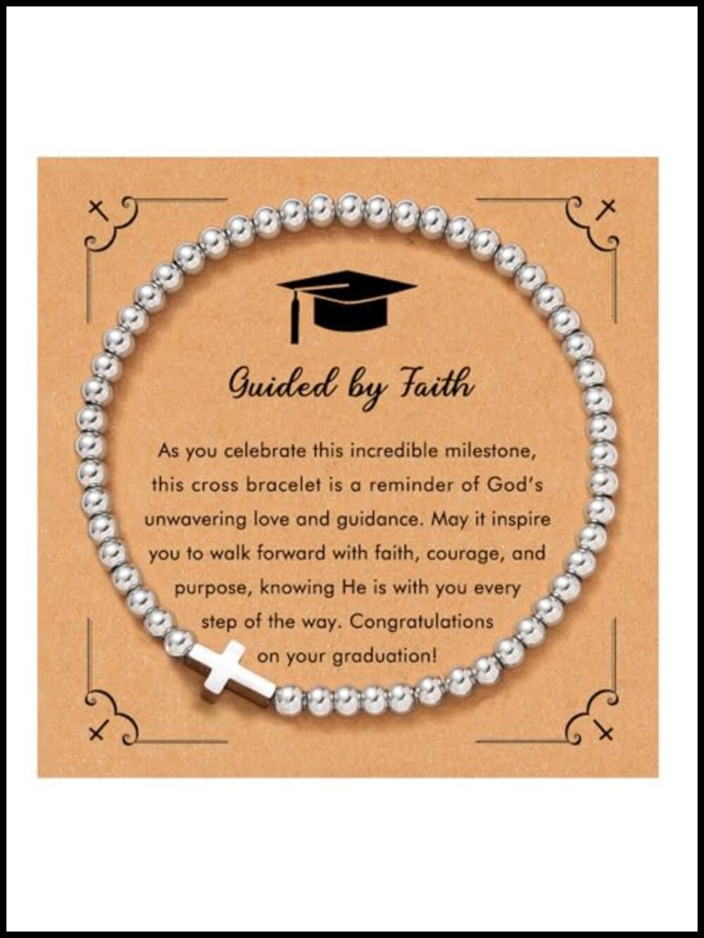 Stainless Steel Cross Charm Beaded Bracelet Graduation Gift Women